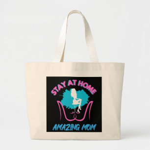 Grand Tote Bag Sahm Restez à la maison Maman Rose & Bleu Design t