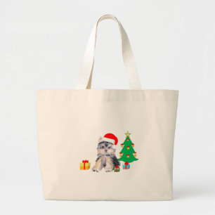 Grand Tote Bag Sapin de Noël, chiot et illustration de cadeau