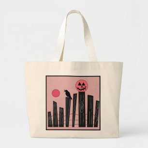 Grand Tote Bag Scène d'Halloween avec clôture, corneille, pleine
