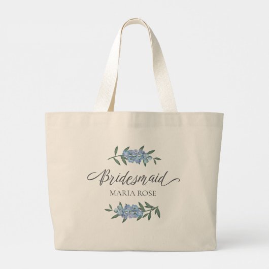 Grand Tote Bag Script de calligraphie florale bleu (Dos)