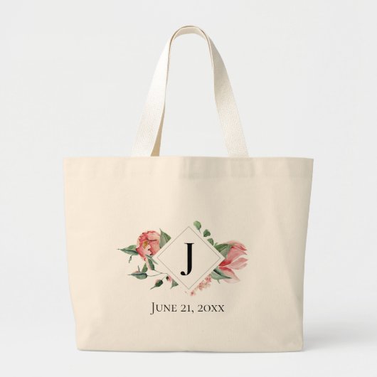 Grand Tote Bag Sentir les Roses, Monogramme, Mariage Date (Devant)