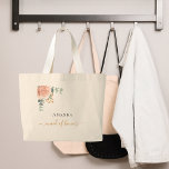 Grand Tote Bag Servante d'honneur rose or fleurie eucalyptus vert<br><div class="desc">Un arrière - plan blanc chic. Décoré d'or rose, de fleurs roses rousses, de fleurs (rose) et de feuilles d'eucalyptus vert aquarellés, de sprigs, de verdure et d'une fausse feuille d'or. Personnalisez et ajoutez le nom de la bonne d'honneur. Lettres noires et dorées. Avec le texte : servante d'honneur écrite...</div>