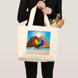Grand Tote Bag SlipperyJoe dégradé arc-en-ciel vif cœur interraci