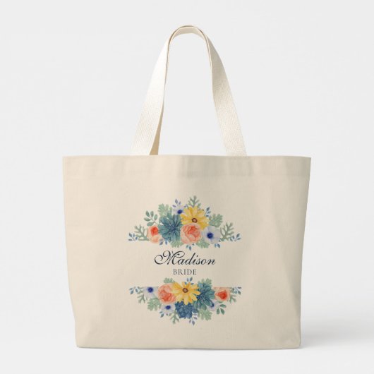 Grand Tote Bag Spring Floral Moderne Nom personnalisé | MARIAGE (Dos)