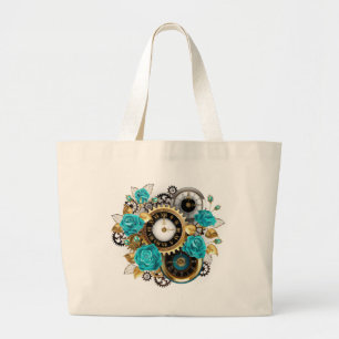 Grand Tote Bag Steampunk Clock and Turquoise Roses on Striped