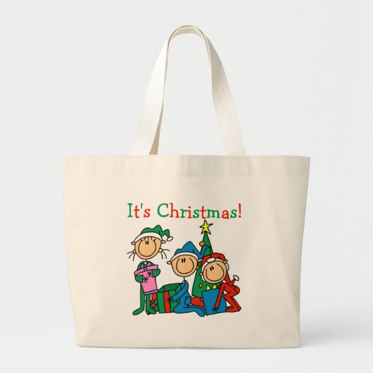 Grand Tote Bag Stick Figure Enfants C'est Noël Tshirts et cadeaux (Devant)