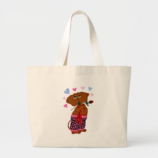Grand Tote Bag Teckel dans des shorts roses de coeur (Devant)