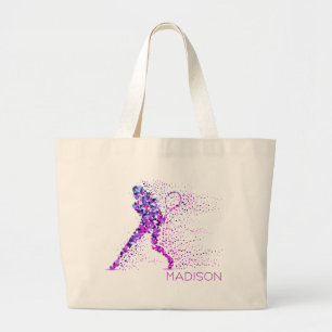Grand Tote Bag Tennis Pixels Rose Nom personnalisé