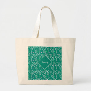 Grand Tote Bag Tennis Racket Motif Retro Green