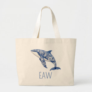 Grand Tote Bag Toile Bleue Plage Florale Dauphin Personnalisé