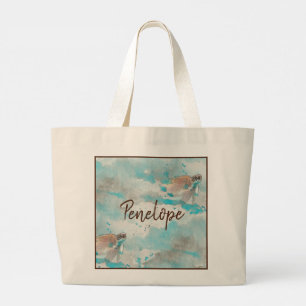 Grand Tote Bag Tortue de mer sur fond bleu aquarelle demoiselle d