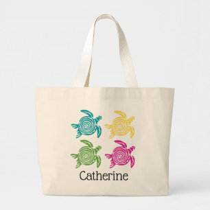Grand Tote Bag Tortues de mer colorées Personnalisées