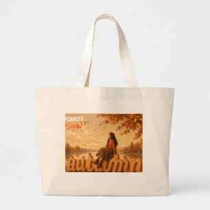 Grand Tote Bag Toujours reconnaissante, fille d'automne assise su