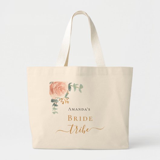 Grand Tote Bag Tribu de la mariée rose gold floral eucalyptus ver (Devant)