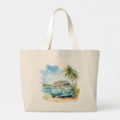 Grand Tote Bag Tropical Island Retro Blue Bus  (Dos)