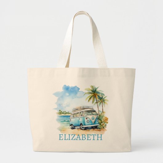 Grand Tote Bag Tropical Island Retro Blue Bus  (Devant)