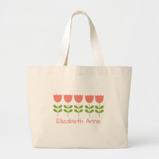 Grand Tote Bag Tulipes roses et vertes personnalisées réversibles