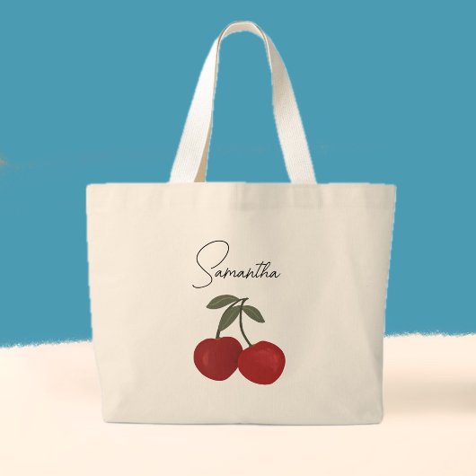 Grand Tote Bag Two Red Cherries Illustration | Cute Fruit Art 