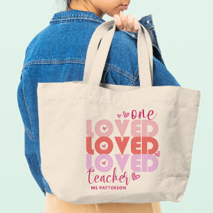 Grand Tote Bag Un enseignant d'amour rose moderne Nom personnalis