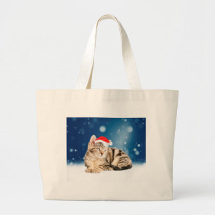 Grand Tote Bag Un joli chat portant un chapeau de Père Noël rouge