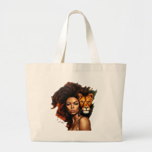 Grand Tote Bag Une femme afro-américaine avec un lion majestueux
