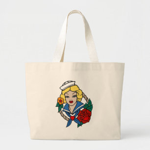 Grand Tote Bag Une fille de voile Vintage avec un tatouage Rose