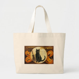 Grand Tote Bag Une joyeuse carte de chat Halloween
