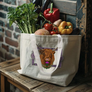 Grand Tote Bag Vache Écossaise des Highlands Thistle Celtique Vio