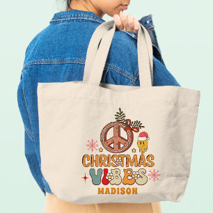 Grand Tote Bag Vibes de Noël rétro super Paix Nom du signe