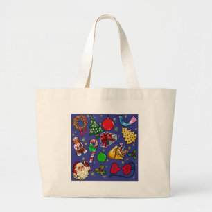 Grand Tote Bag Vintage de Noël rétro couleur bleu rouge vert