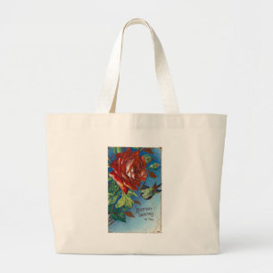 Grand Tote Bag Voeux d'anniversaire vintages Rose et oiseau