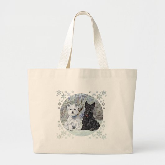 Grand Tote Bag Westie et Scottie dans le paysage enneigé (Devant)