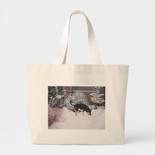 Grand Tote Bag Winter snow scene with cute black and tan dog (Devant)