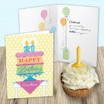Granddson 21e Anniversaire Numéro de gâteau Bougie<br><div class="desc">Une carte d'anniversaire pour votre petit-fils de 21 ans. "Joyeux Anniversaire" est sur chaque couche du gâteau avec la glace décorative rose qui les sépare. Un arrière - plan subtil de jaune et de bleu ancre le design. Des couleurs vives et un style graphique audacieux donnent à ce voeu d'anniversaire...</div>