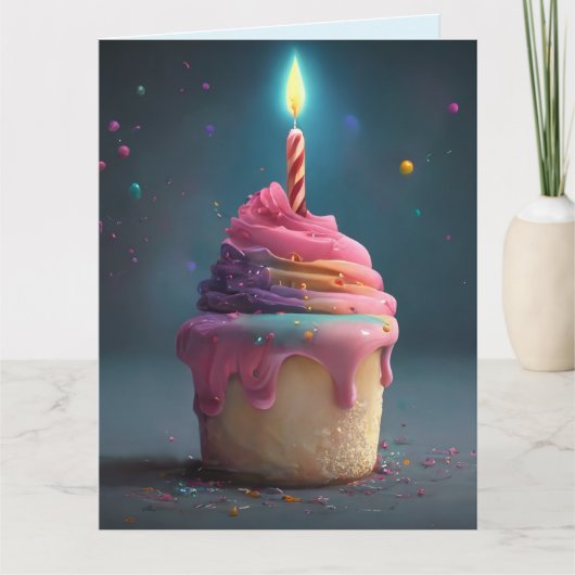 GRANDE CARTE D'ANNIVERSAIRE ROSE CUPCAKE CANDLE (Devant)