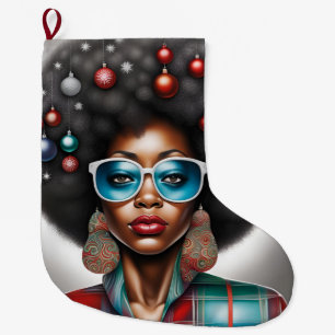 Grande Chaussette De Noël Afro femme élégante et bizarre ambiance de vacance
