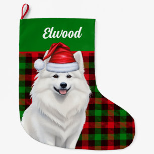 Grande Chaussette De Noël American Eskimo Dog Plaid avec nom