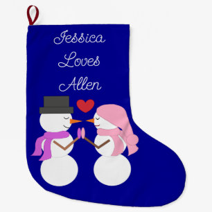 Grande Chaussette De Noël Amour & Bonshommes de neige : Bleu foncé