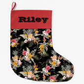 Grande Chaussette De Noël Ananas Flore tropicale sur Noir (Devant)