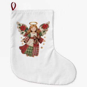Grande Chaussette De Noël Ange de Noël avec des étoiles dorées