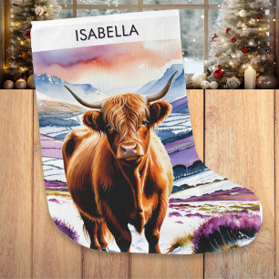 Grande Chaussette De Noël Animal d'aquarelle de la vache Highland
