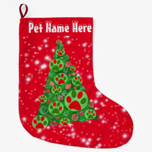 Grande Chaussette De Noël Animal Paw Rouge Vert Silhouette Grand Arbre de No