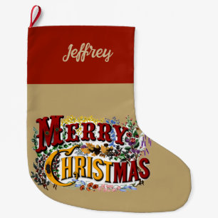Grande Chaussette De Noël Années 1800 Vintage Joyeux Noël   Coloré