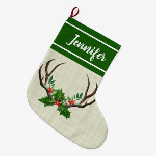 Grande Chaussette De Noël Antlers rustiques Green Holly et Red Berries