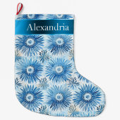 Grande Chaussette De Noël Aqua Blue Batik Nom de Noël Floral (Devant)