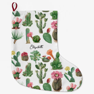 Grande Chaussette De Noël Aquarelle colorée Cactus et succulents Fleurs