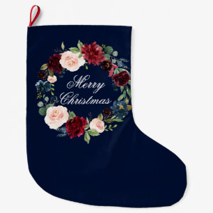 Grande Chaussette De Noël Aquarelle Florale bleu
