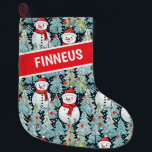 Grande Chaussette De Noël Aquarelle Snowman Noël personnalisé<br><div class="desc">Adorable bonhomme de neige douillette en écharpes rouges chaudes et casquettes tricotés chauds et un joli vert,  rouge et bleu arrière - plan de sapin de Noël personnalisé bas.</div>