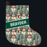 Grande Chaussette De Noël Aquarelle Snowman Noël personnalisé<br><div class="desc">Aquarelle douillette snowmen dans écharpes rouges chaudes et casquettes tricotés chauds et un joli vert,  rouge et bleu pin arrière - plan personnalisation stockage de Noël.</div>
