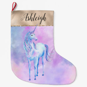 Grande Chaussette De Noël Aquarelle violette Unicorn Gold Glitz Nom